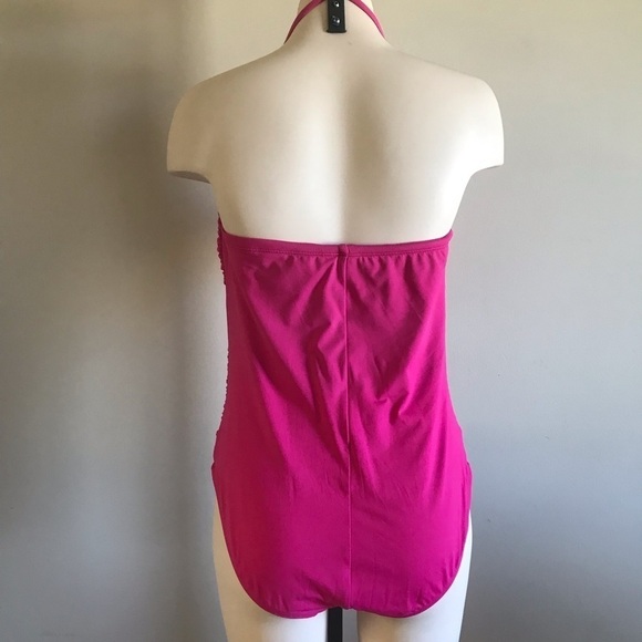 La Blanca Hot Pink Ruched Halter One Piece Swimwesr Swim Bathing Suit Size 14 - Picture 2 of 7